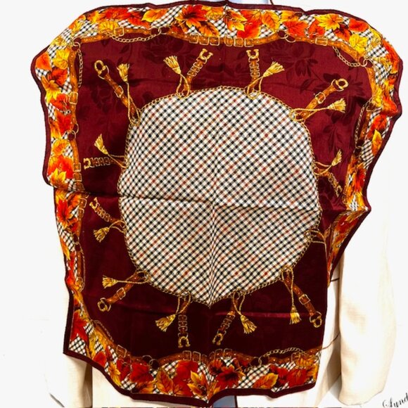 New DAKS Bandana/ Scarf Silk/Cotton 23" Burgendy  black Check Automn leaves (39) - Picture 5 of 7